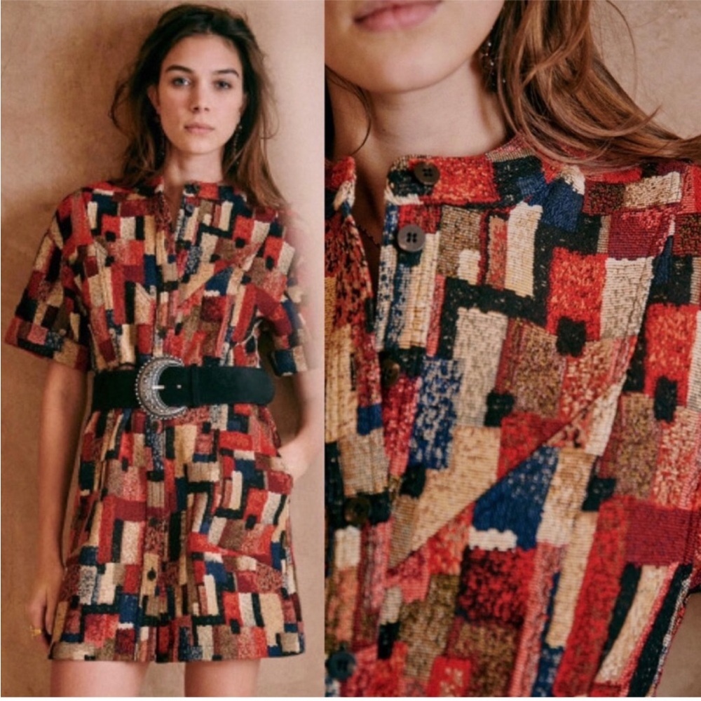 Sézane Robe Paulette Mini Dress in Jacquard Multicolor Tweed Patchwork Size 34 - Picture 1 of 8